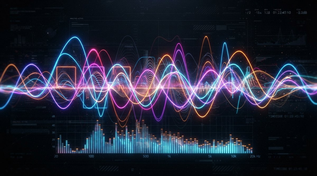 An abstract visualization of sound waves and frequency spectra, rendered in vibrant, glowing colors against a dark, futuristic background. The image should convey rhythmic movement and detailed sonic information, with waveforms interacting dynamically.