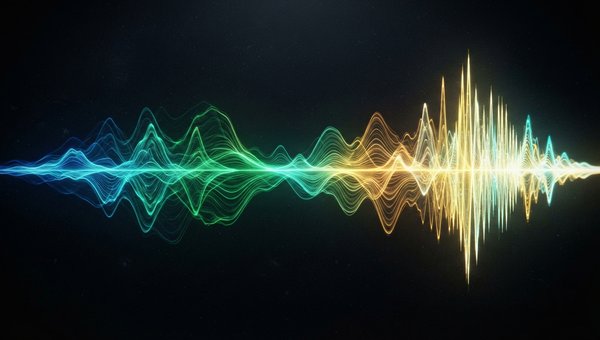 An abstract, visually striking representation of a perfectly balanced frequency spectrum, with vibrant, harmoniously distributed colors across the range from deep blues and greens in the lows to bright yellows and whites in the highs. The image should con