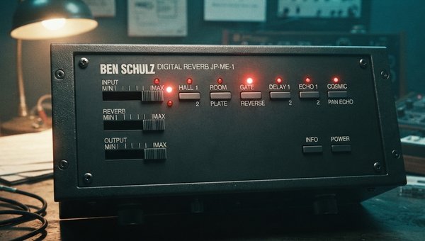 A photorealistic render of a compact 80s digital reverb unit, similar in form factor to a Yamaha R100, sitting prominently on top of a classic Yamaha DX7 synthesizer. The reverb unit features a dark charcoal casing with vibrant 80s teal and magenta accent