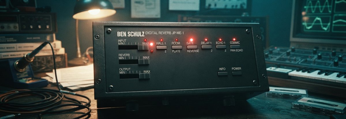 A photorealistic render of a compact 80s digital reverb unit, similar in form factor to a Yamaha R100, sitting prominently on top of a classic Yamaha DX7 synthesizer. The reverb unit features a dark charcoal casing with vibrant 80s teal and magenta accent