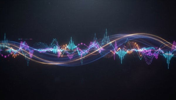 Abstract visualization of sound: a long, slowly evolving light trail representing a drone, with shorter, repeating, glowing rhythmic patterns woven through it. Dark, moody background with subtle gradients. High contrast, ethereal, digital art style.
