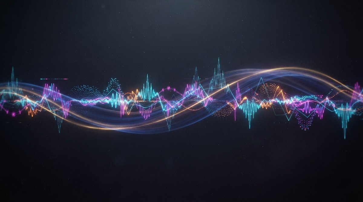 Abstract visualization of sound: a long, slowly evolving light trail representing a drone, with shorter, repeating, glowing rhythmic patterns woven through it. Dark, moody background with subtle gradients. High contrast, ethereal, digital art style.