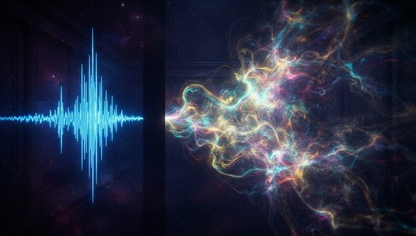 An abstract visualization of sound waves interacting with a reverberant space. The dry signal is a sharp, distinct waveform in the foreground, followed by swirling, shimmering patterns of light and color representing the reverb tail, with a clear gap betw