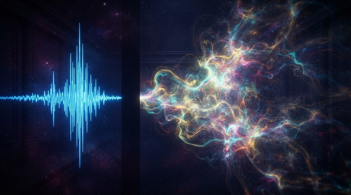 An abstract visualization of sound waves interacting with a reverberant space. The dry signal is a sharp, distinct waveform in the foreground, followed by swirling, shimmering patterns of light and color representing the reverb tail, with a clear gap betw