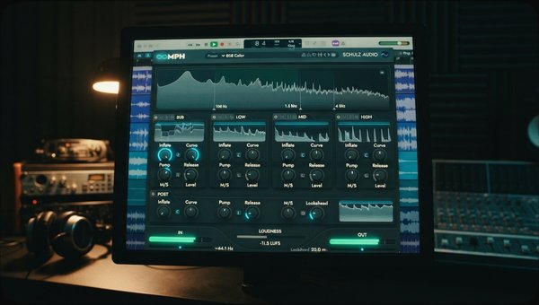 A vibrant, close-up shot of the OOMPH plugin interface, prominently displayed on a high-resolution studio monitor. The screen emits a subtle, warm glow, highlighting the plugin's intuitive multiband controls and an active frequency spectrum analyzer, visu