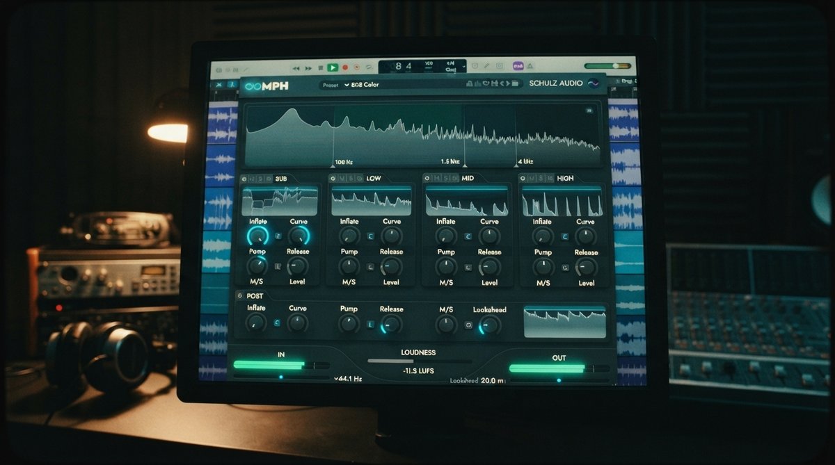 A vibrant, close-up shot of the OOMPH plugin interface, prominently displayed on a high-resolution studio monitor. The screen emits a subtle, warm glow, highlighting the plugin's intuitive multiband controls and an active frequency spectrum analyzer, visu