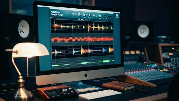 A close-up shot of the Oszillos Mega Scope plugin UI on a computer screen in a professional, dimly lit studio environment. The plugin displays multiple distinct, colorful waveforms, clearly showing their phase relationships. The studio desk has a high-end