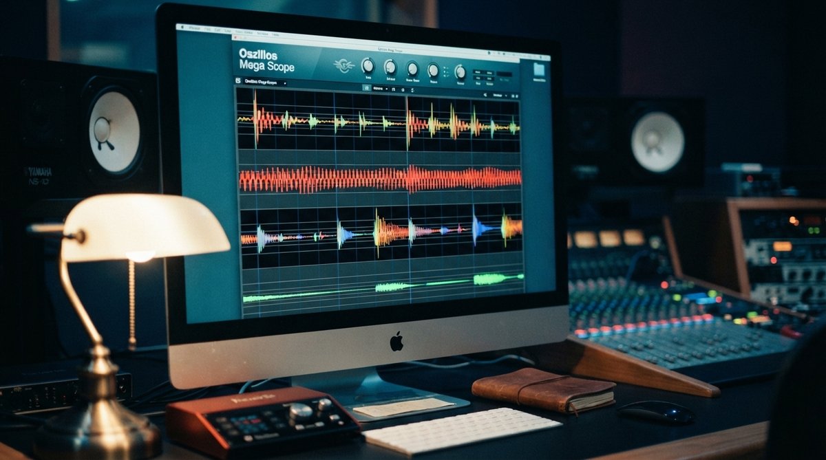 A close-up shot of the Oszillos Mega Scope plugin UI on a computer screen in a professional, dimly lit studio environment. The plugin displays multiple distinct, colorful waveforms, clearly showing their phase relationships. The studio desk has a high-end