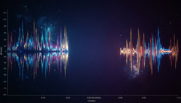 A striking abstract visualization of sound and silence. A vibrant, complex waveform abruptly transitions into a serene, empty space with subtle gradients, then back to a new, distinct sound pattern. Emphasize contrast and dynamic shifts, using cool and wa