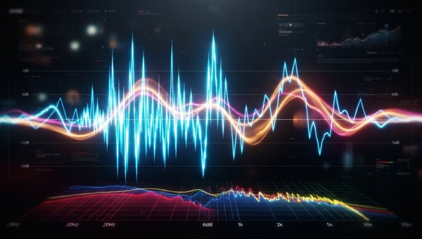 An abstract, vibrant visualization of sound waves and frequency spectra, representing the difference between sharp, spiky peak levels and the smoother, more integrated perceived loudness. Use flowing light trails and color gradients to illustrate the ener