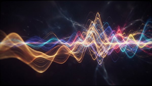 A vibrant abstract visualization of sound waves morphing and interacting, representing the emotional journey of a melody. Soft gradients of warm and cool colors blend, with subtle, intricate patterns suggesting intervals and contours. No screens or plugin