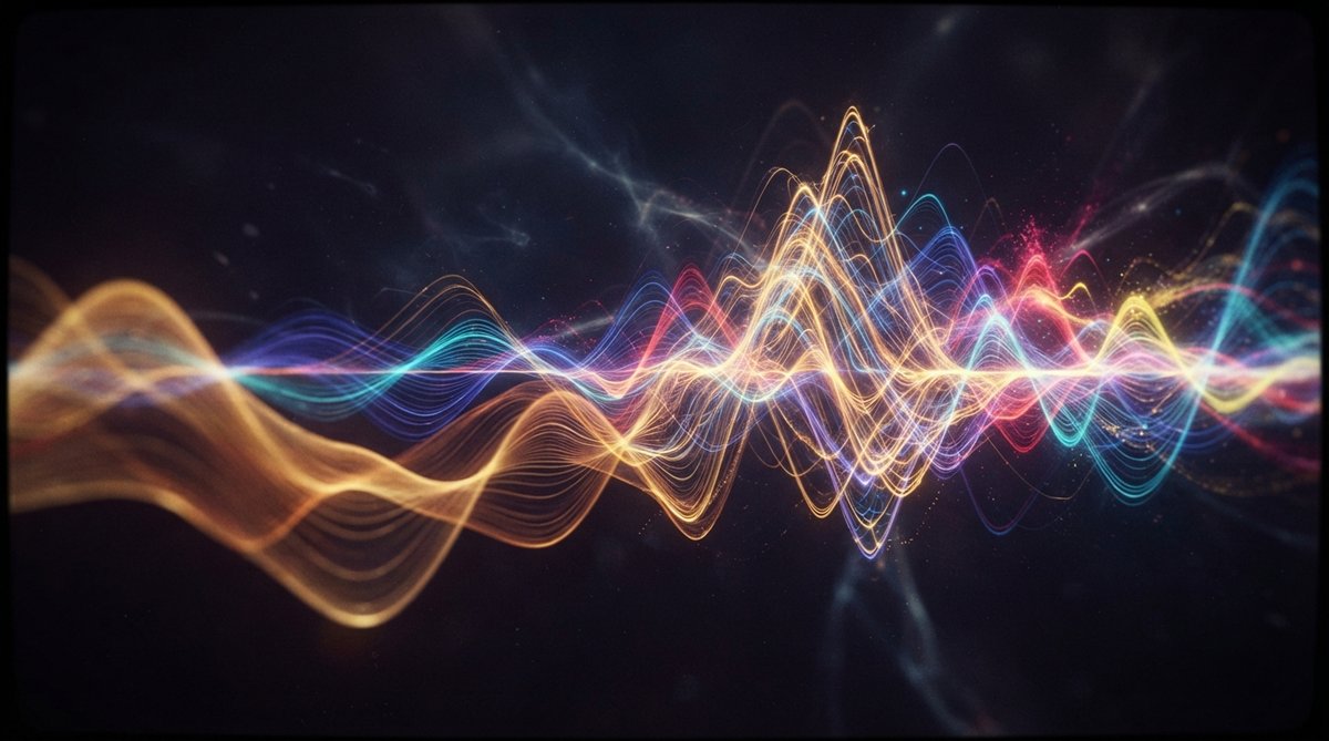 A vibrant abstract visualization of sound waves morphing and interacting, representing the emotional journey of a melody. Soft gradients of warm and cool colors blend, with subtle, intricate patterns suggesting intervals and contours. No screens or plugin