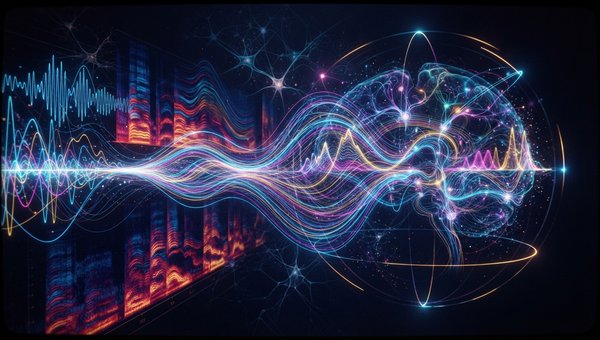 An abstract visualization of sound perception, with swirling, colorful waveforms and frequency spectra that subtly shift and interact, representing how the brain interprets acoustic energy into subjective experiences like pitch, loudness, and spatial loca