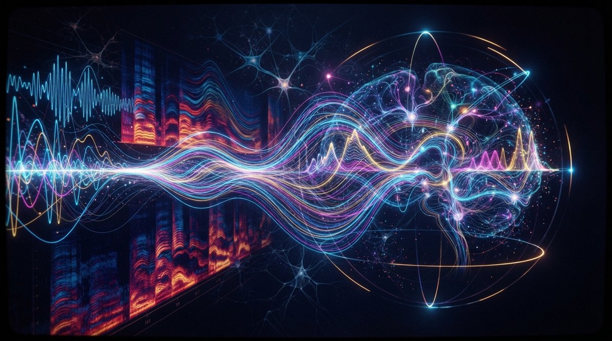 An abstract visualization of sound perception, with swirling, colorful waveforms and frequency spectra that subtly shift and interact, representing how the brain interprets acoustic energy into subjective experiences like pitch, loudness, and spatial loca