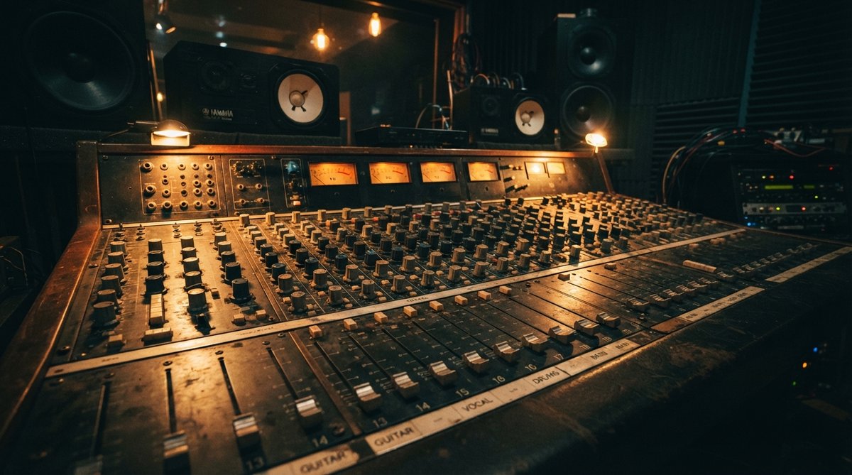 A deeply moody, cinematic close-up shot of a vintage-style analog mixing desk within a professional recording studio. The intricate array of faders, knobs, and illuminated VU meters on the desk are bathed in a rich, warm golden-amber light, casting soft s