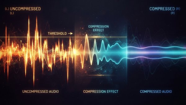 A dynamic, abstract visualization of sound waves before and after compression. Show a waveform with prominent peaks being smoothly leveled out by a compression effect, with subtle color gradients representing dynamic reduction. No screens or plugin UIs.