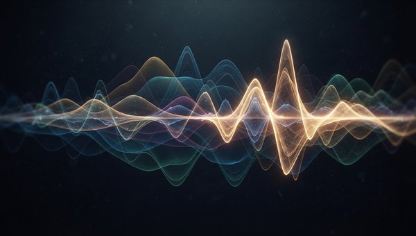 An abstract, artistic representation of sound waves interacting, with distinct frequency bands visible as subtle color gradients, some overlapping and others clearly separated. Emphasize the concept of auditory filters and masking with subtle visual metap