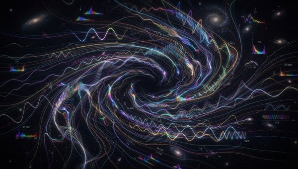 An abstract, vibrant visualization of complex microtonal frequency relationships. Imagine a swirling, organic pattern of iridescent light trails and undulating waveforms in a dark, infinite space, representing the intricate and non-standard intervals of m