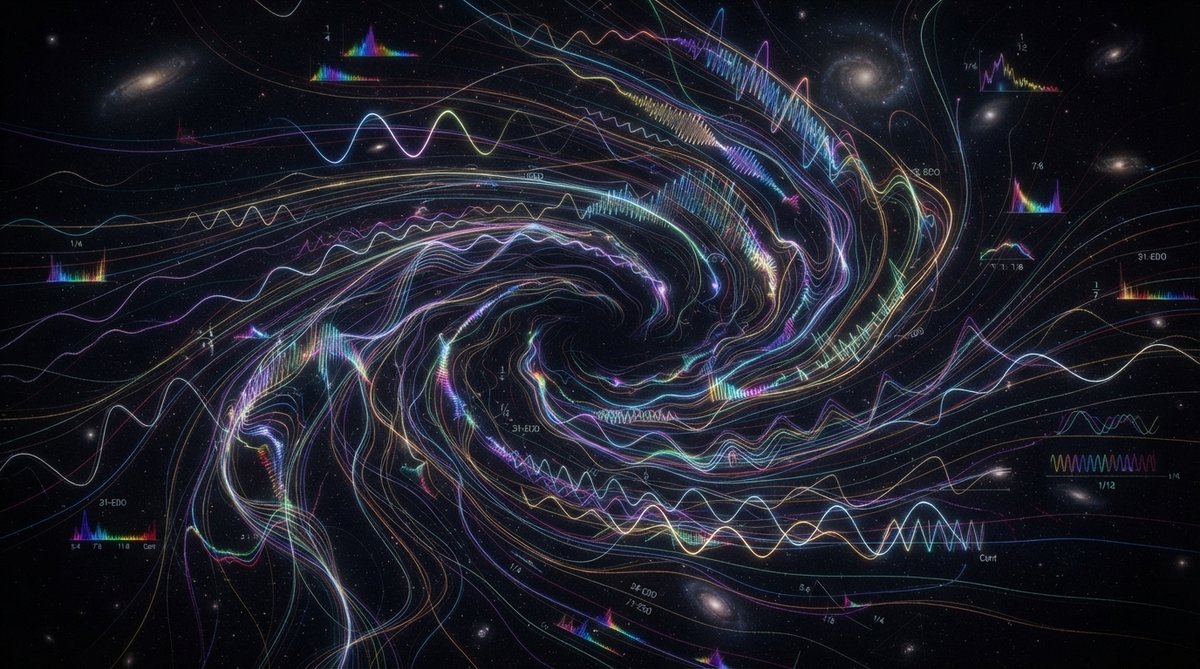An abstract, vibrant visualization of complex microtonal frequency relationships. Imagine a swirling, organic pattern of iridescent light trails and undulating waveforms in a dark, infinite space, representing the intricate and non-standard intervals of m