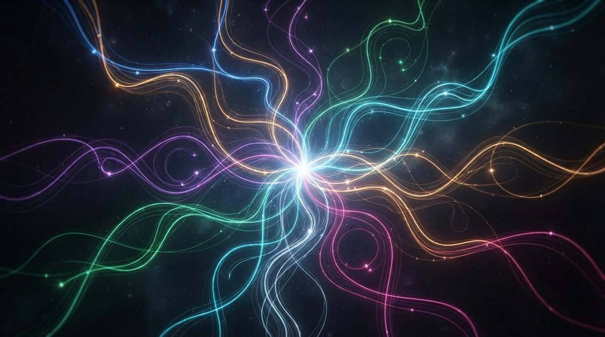 Abstract visualization of musical scales and modes, showing intertwined, glowing lines representing different melodic contours and harmonic structures. The lines should emanate from a central point, diverging and converging, with subtle color variations f