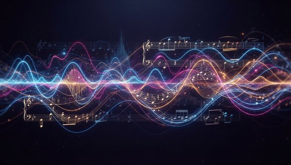 An abstract, artistic representation of sound waves, frequency spectra, and musical notation intertwining, showcasing harmonic relationships and parallel movements. The colors should be vibrant but harmonious, suggesting complex musical textures. No scree