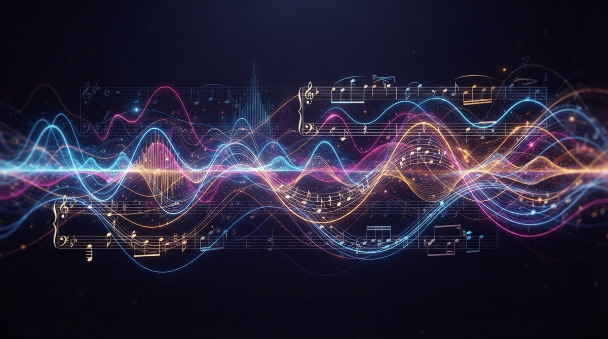 An abstract, artistic representation of sound waves, frequency spectra, and musical notation intertwining, showcasing harmonic relationships and parallel movements. The colors should be vibrant but harmonious, suggesting complex musical textures. No scree