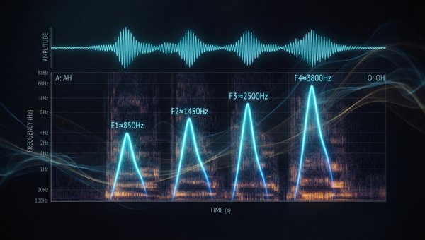 Abstract visualization of sound waves and frequency spectra, with distinct, stable peaks highlighted in a vibrant color, representing vocal formants. The background is dark and moody, with subtle light trails suggesting the movement of sound.
