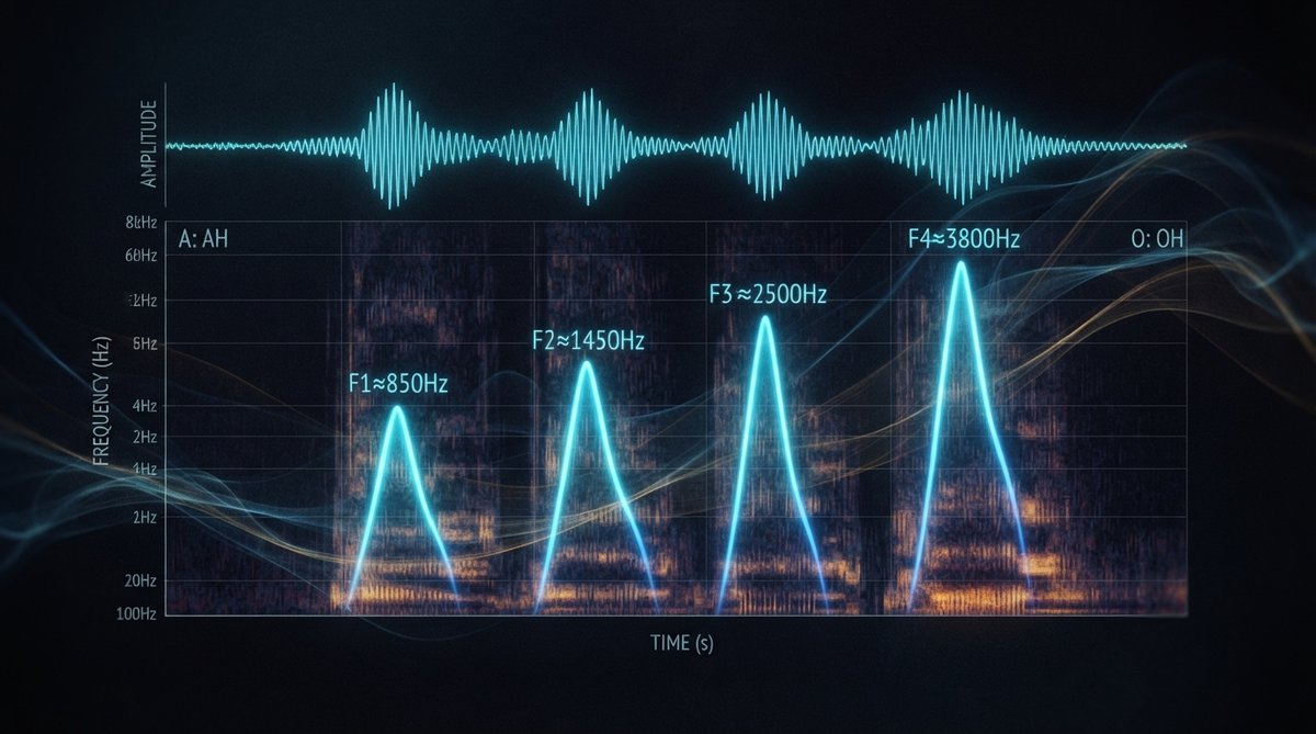 Abstract visualization of sound waves and frequency spectra, with distinct, stable peaks highlighted in a vibrant color, representing vocal formants. The background is dark and moody, with subtle light trails suggesting the movement of sound.
