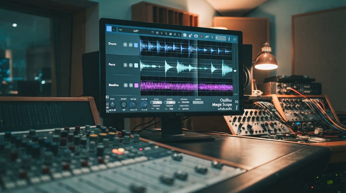 Oszillos Mega Scope plugin UI displayed prominently on a large studio monitor, with a professional audio mixing console in the foreground, soft ambient studio lighting, and acoustic panels visible in the background.