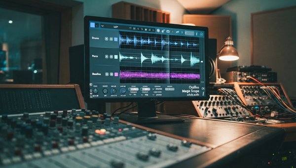 Oszillos Mega Scope plugin UI displayed prominently on a large studio monitor, with a professional audio mixing console in the foreground, soft ambient studio lighting, and acoustic panels visible in the background.