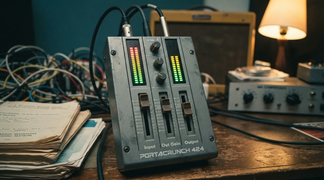 A warm, inviting recording studio scene with a focus on a vintage-style mixing desk. Soft, ambient lighting highlights the analog gear. No screens or plugin UIs are visible, only the tactile controls and warm glow of hardware, suggesting creativity and de