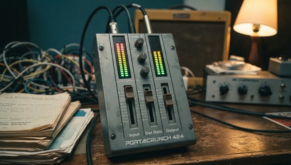 A warm, inviting recording studio scene with a focus on a vintage-style mixing desk. Soft, ambient lighting highlights the analog gear. No screens or plugin UIs are visible, only the tactile controls and warm glow of hardware, suggesting creativity and de