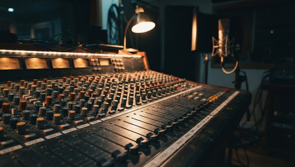 A moody, close-up shot of a professional mixing console with faders and knobs, soft focus on a microphone in the background, conveying a focused studio environment. No screens or UIs visible.