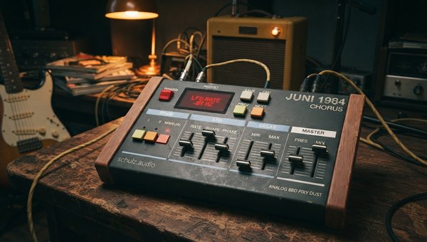 A vintage-style analog chorus pedal, like the JUNI 1984 CHORUS, is placed on a worn wooden desk in a dimly lit, cozy home studio. The pedal's LCD display shows a subtly animated readout, reflecting soft ambient light. Cables connect it to a classic electr