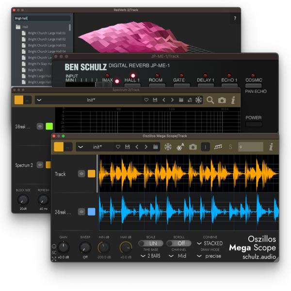 Oszillos + Spectrum + RV 2 + JP-ME-1: Scope | Spectrum 2 | RedVerb 2 | JP-ME-1